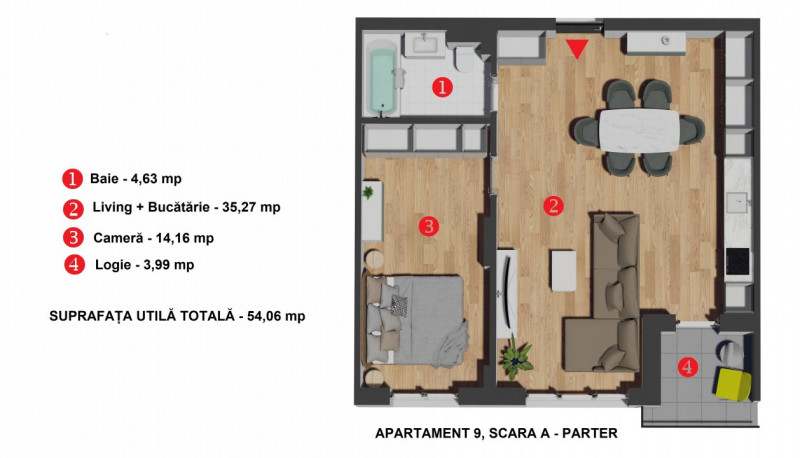 Comision 0! Apartament 2 cam,Finisat, 54mp+balc,etaj 1 zona VIVO str Razoare