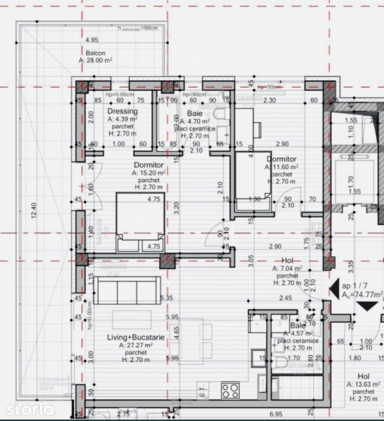 Vanzare Apartament 3 camere 75 mp + 28 mp terasa si garaj,Borhanci