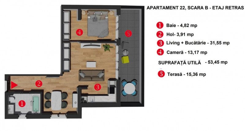 Comision 0! Ap 2 camere +terasa 1536 mpstr Razoare zona Vivo